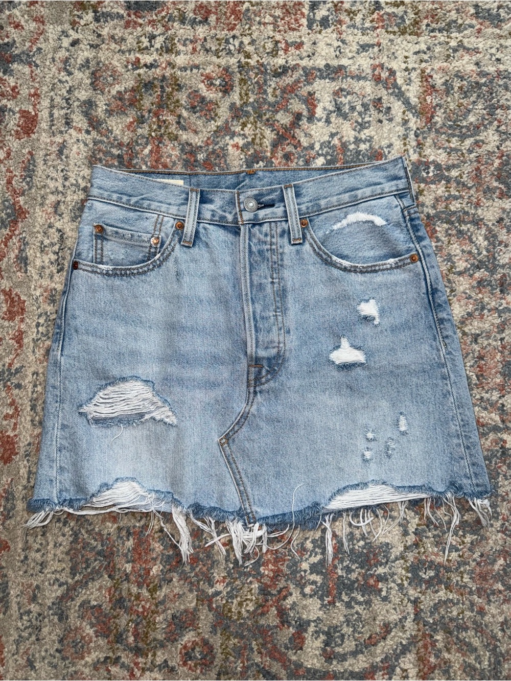Classic Distressed Light Blue Denim Skirt
